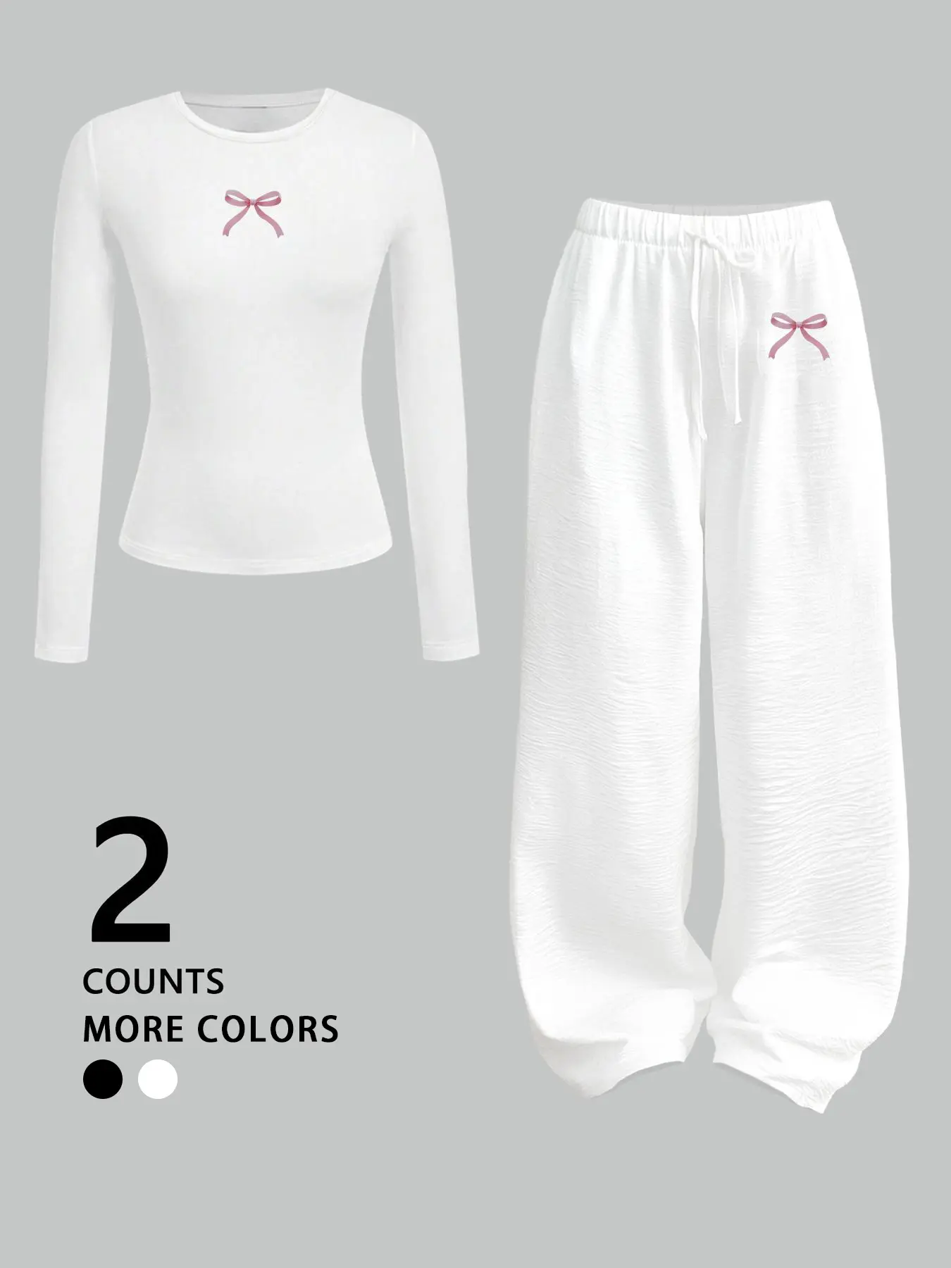 Cute Bow Accent 2-Piece Set | White/Black Long-Sleeve Top + Ruched Baggy Pants | Soft Casual Co-ord | Adorable Minimalist Aesthetic | Trendy Lazy Day OOTD | Perfect for Cozy & Stylish Vibes #TwoPieceSet #BowFashion #CuteCasualWear #TikTokOOTD #MinimalistA