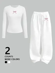 Cute Bow Accent 2-Piece Set | White/Black Long-Sleeve Top + Ruched Baggy Pants | Soft Casual Co-ord | Adorable Minimalist Aesthetic | Trendy Lazy Day OOTD | Perfect for Cozy & Stylish Vibes #TwoPieceSet #BowFashion #CuteCasualWear #TikTokOOTD #MinimalistA
