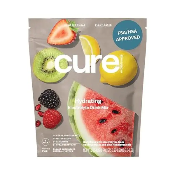 Cure Hydration | Plant-Based Electrolyte Drink Mix | No Added Sugar | FSA & HSA | Dehydration Relief Powder Made with Coconut Water | Non-GMO | Vegan | 8 Packets - Variety Pack