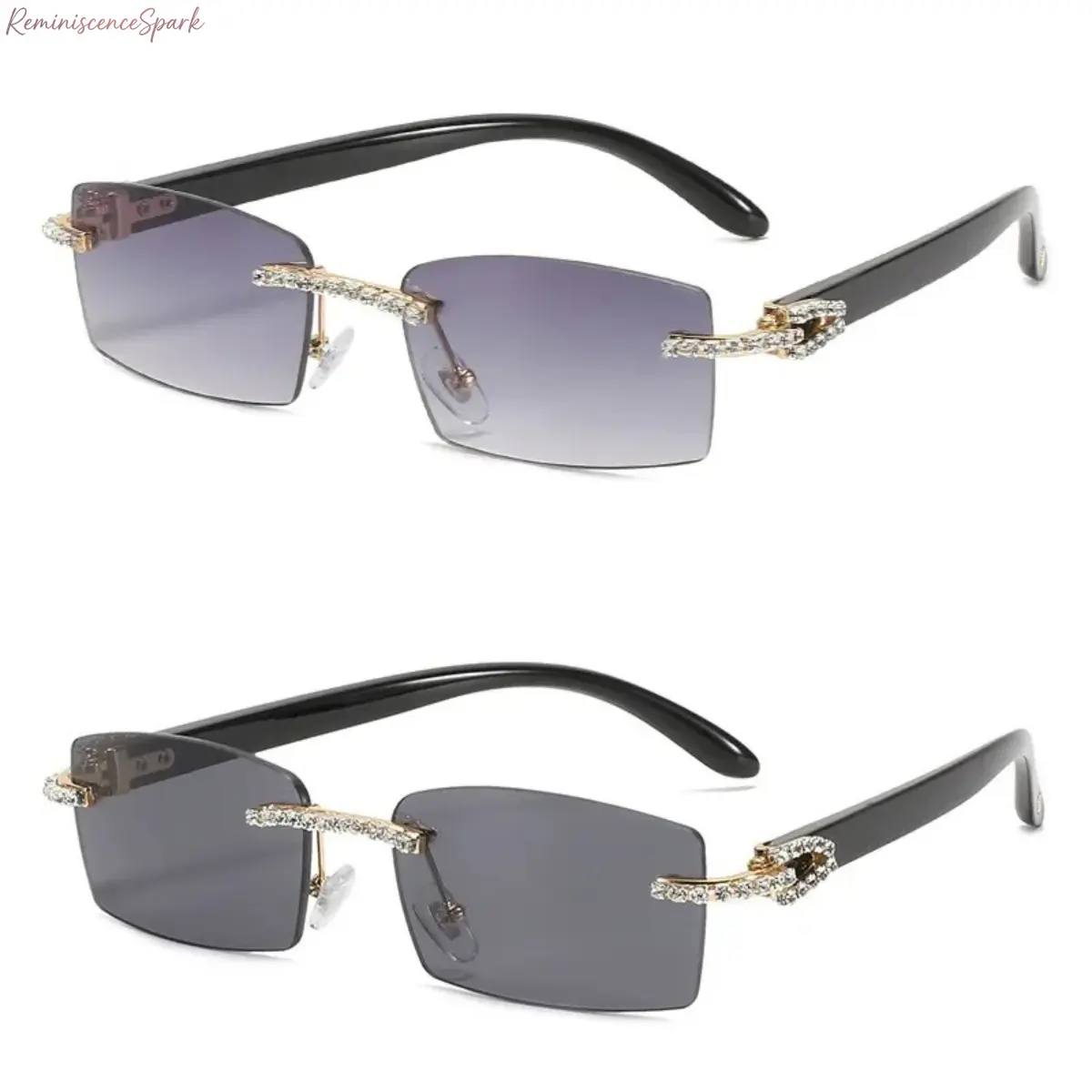 Women's 2-Pack Sparkly Rhinestone-Decorated Rimless Rectangle Sunglasses - UV400 Lens, 1 Size, Outdoor Safe, Casual Outings & Parties Use, Sports Cycling Eyewear for All Seasons Daily Wear