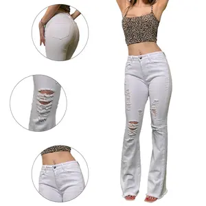 Women's High Waisted Ripped Flared White Denim Jeans - Distressed Bootcut Pants Y2K Streetwear Outfits
