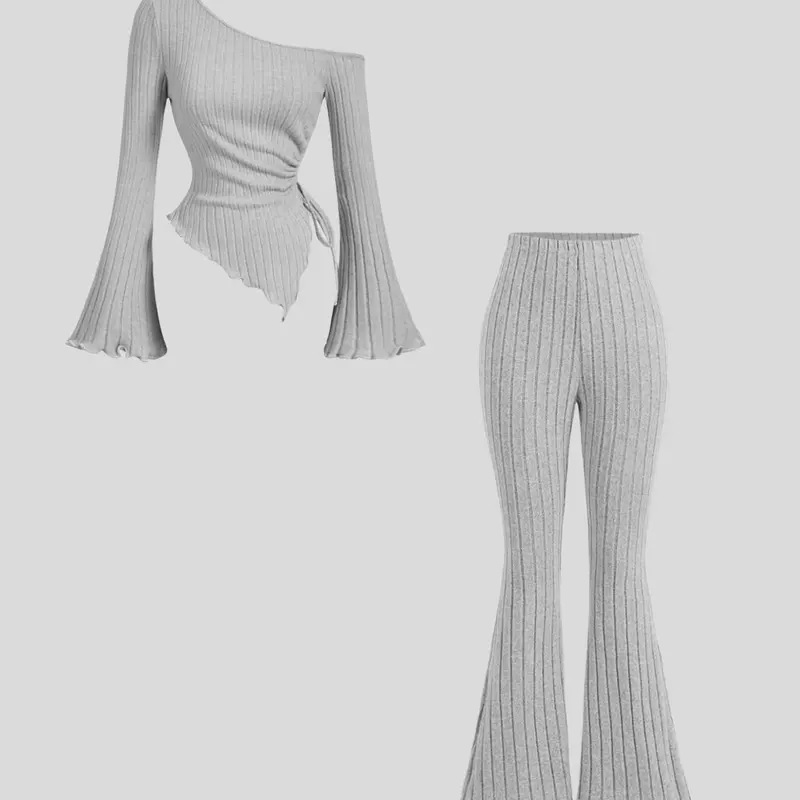 Women's Solid Drawstring Ruched Long Sleeve Top & Flare Leg Pants Two-piece Set, Casual Chic Fashion Cozy Fitted Asymmetrical Neck Top & Trousers for Daily Outdoor Wear, Women's Clothing for Spring & Fall, Pants Set Outfit