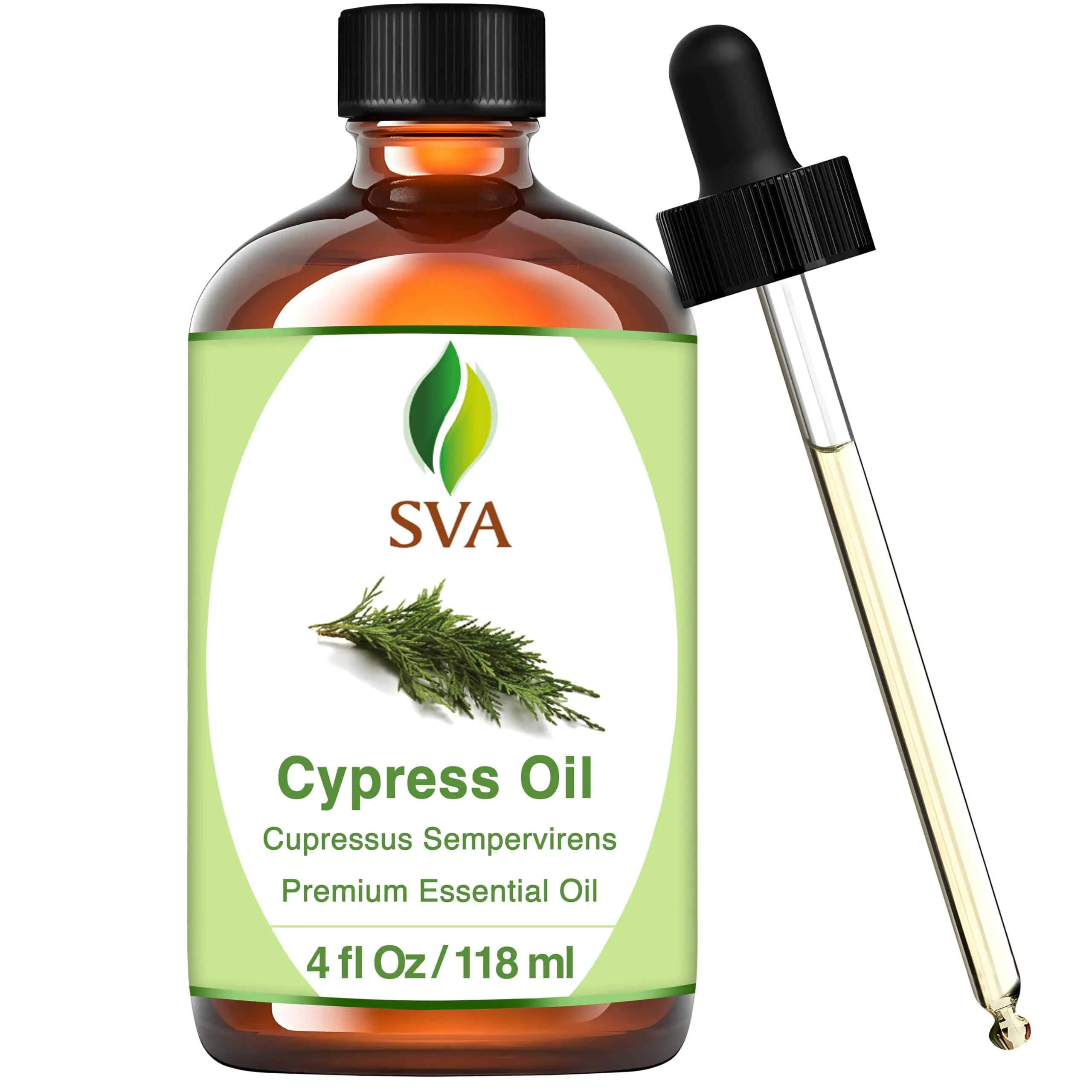 SVA Cypress Essential Oil (4 Fl Oz) for Diffuser, Hair Care, Face, Skin Care, Aromatherapy, Scalp and Body Massage, Soap and Candle Making with Dropper
