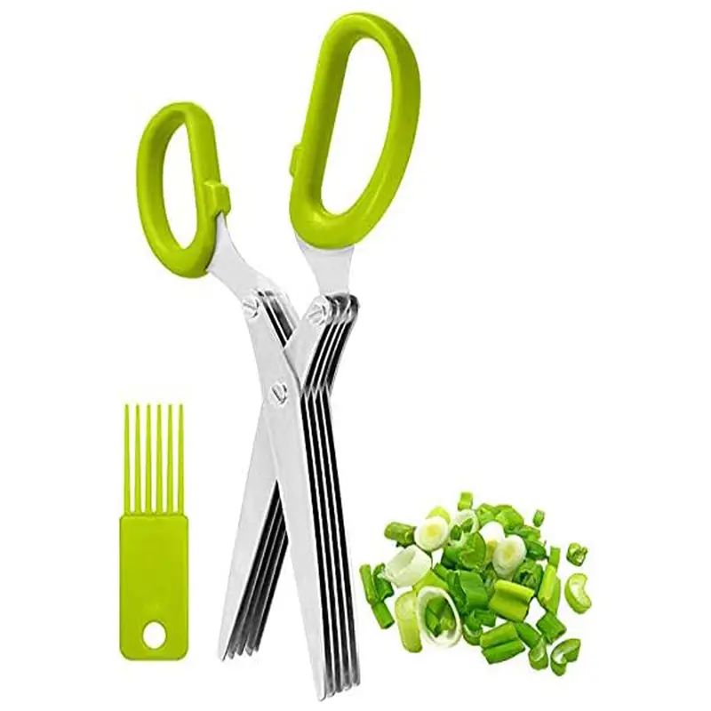 Multipurpose 5 Blade Herb Scissors | Kitchen Herb Shears Herb Cutter with Safety Cover and Cleaning Comb for Chopping Basil Chive Parsley (Green)