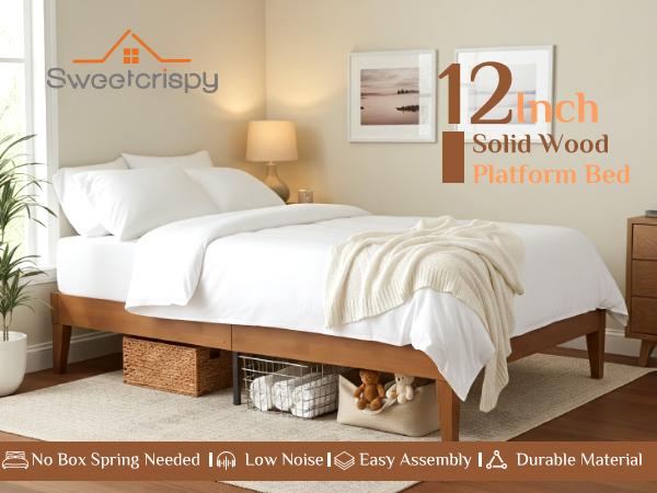 Classic Solid Wood Platform Bed, Sleek Minimalist Design, Sturdy Durable Frame for Bedroom Decor, Wooden Color