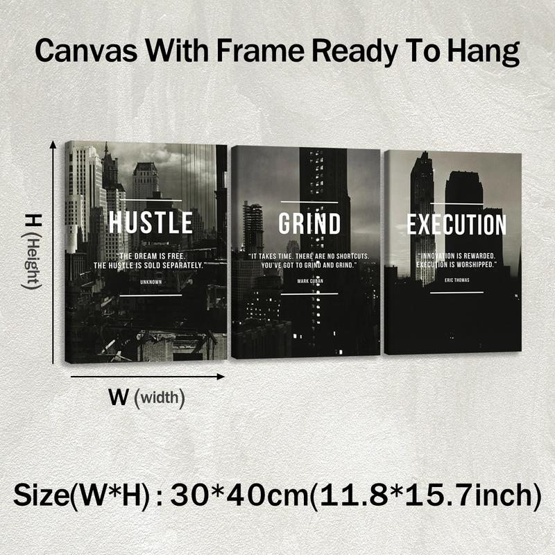 3Pcs Wooden Framed Canvas Painting, Black And White Cityscape With Motivational Quotes, Exquisite Poster, Home Decoration, Pattern Wall Art Decor, For Living Room, Bedroom, Office, Restaurant, Bar Wall Decor, Odorless, Painting, Print Artwork.