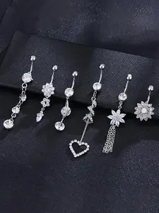 Women's Belly Rings Set, Heart & Flower Design Zirconia Pendant Jewelry, Copper Material, Casual Style Festive Party Accessories