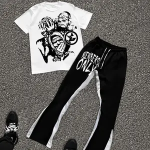 Vintage Washed Skull Print 2 Piece Outfit, Y2K Streetwear Oversized T Shirt & Drawstring Shorts Set, Men's Casual Street Style Tracksuit For Summer Black & White Streetwear Outfit