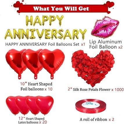 Anniversary Decorations, Happy Anniversary Banner, Latex Heart Balloons, Foil Heart Balloons, Red Silk Rose Petals for Romantic Night Weddings Bridal Showers Bachelorette Party Decorations