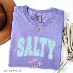 Comfort Colors Salty Palm Trees, Beach Vibes T-Shirt, Trendy Oversized Aesthetic Tee, Women's Letter Print Short Sleeve Tee