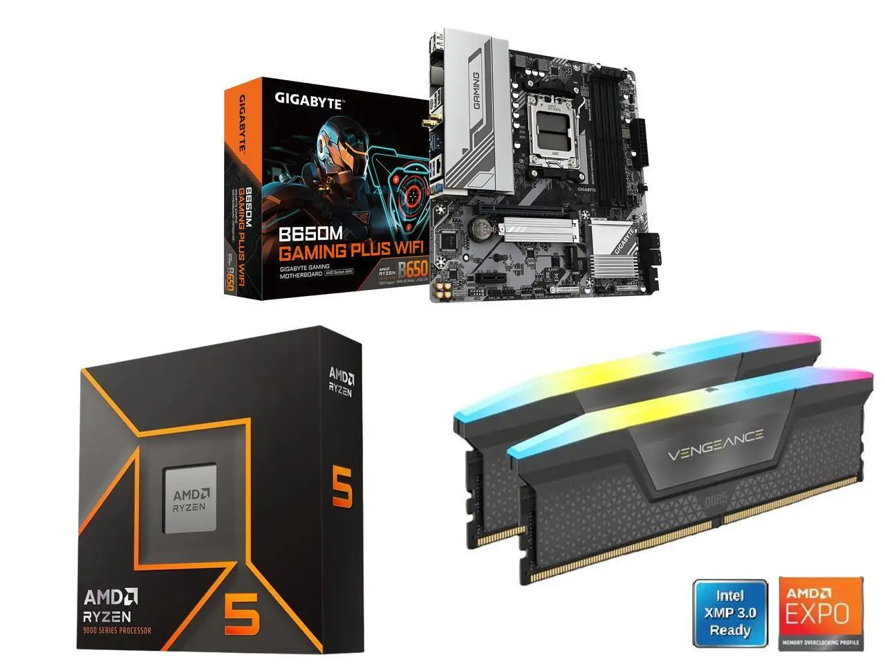 GIGABYTE B650M GAMING PLUS WIFI AM5 LGA 1718 AMD B650 M-ATX, DDR5, PCIe 4.0, USB 3.2 Type-C, Wi-Fi 6E, 2.5GbE LAN AMD Ryzen 5 9600X 6-Core 3.9 GHz AM5 65W Radeon Graphics CORSAIR Vengeance RGB 16GB DDR5 6000 RAM