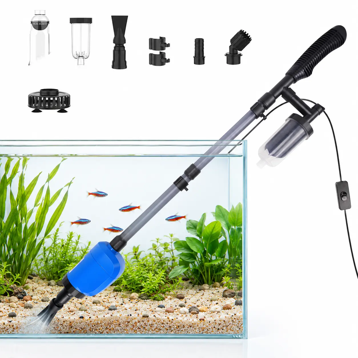 Aquarium Cleaning Helper 32W Pump 2000L/H Flow Sandwash Hood Duckbill Mouth Filter Mesh Nozzle Water Kit for Tanks