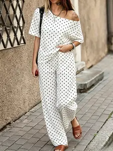 Y2K Women's Polka Dot Off-Shoulder Casual Set, Short Sleeve Asymmetrical Neck T-Shirt & Drawstring Waist Wide Leg Pants, Street Style