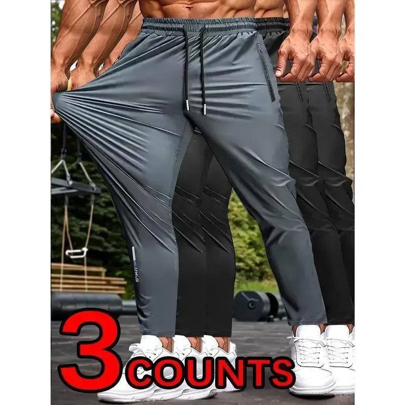 3pcs Men'S High Elasticity Breathable Pants, Casual Style with Drawstring Waist, Letter Pattern, Zippered Pockets, for Fitness Jogging Cycling - Nylon Knit Fabric, Low Waist, 9/10 Length 3pcs Men'S High Elasticity Breathable Pants, Casual Style with Drawstring Waist, Letter Pattern, Zippered Pockets, for Fitness Jogging Cycling - Nylon Knit Fabric, Low Waist, 9/10 Length