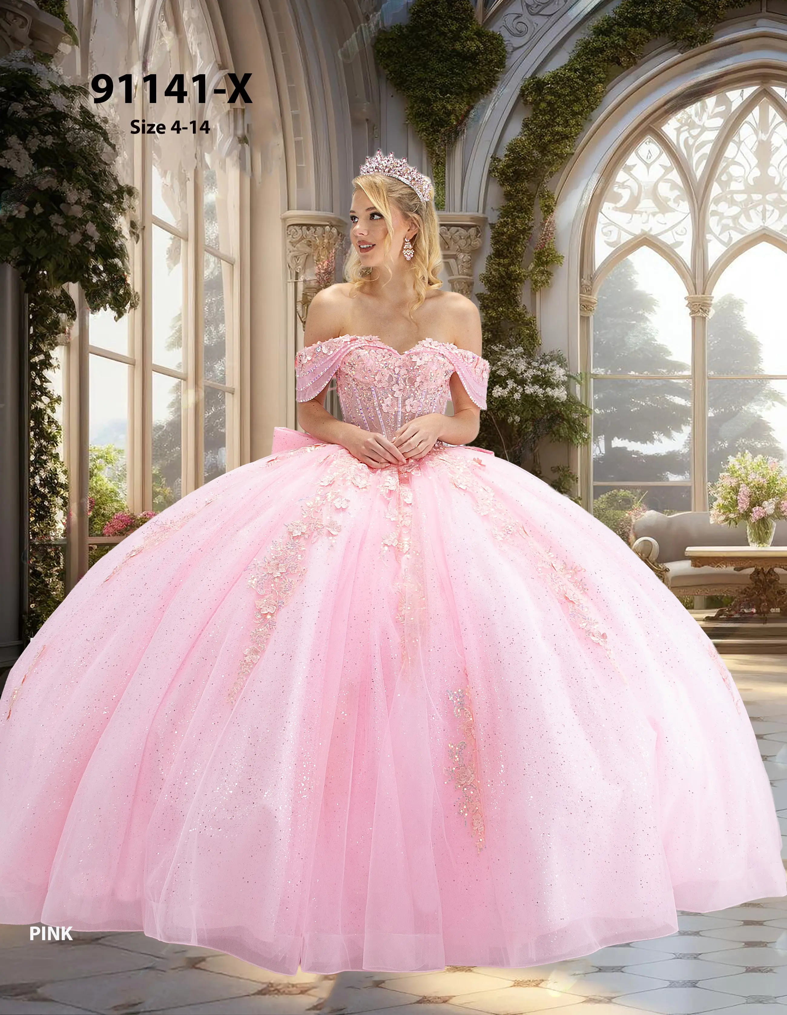 Style 91141-X Pink Quinceañera Dress – Glitter Ball Gown with Off-the-Shoulder Sleeves & Beaded Corset