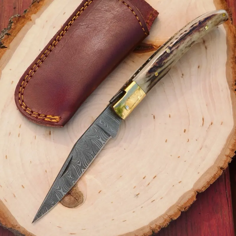 Manual Pocket Knife Classic Design Leather Pouch Belt Loop Brass Bolster Damascus Steel