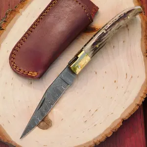 Manual Pocket Knife Classic Design Leather Pouch Belt Loop Brass Bolster Damascus Steel