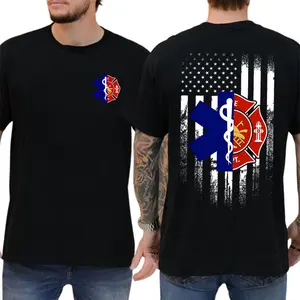 [100% Cotton] Firefighter EMT T-Shirt, Patriotic First Responder Graphic Tee, American Flag Back Print Shirt, Firefighter EMS Hero Tee, Firefighter Dad Gift For Men