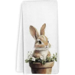 Cute Rabbit Flower Pot Kitchen Towel, Absorbent Dish Drying Cloth, Hand Towel, Kitchen Decoration, Neighbors Gift, Sweet Housewarming Gift