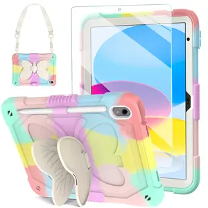 Butterfly Wings Cute Colorful Kids Girls Case for iPad 10th Gen 10.9 10.2 Air Pro Mini 2024, Samsung A9 Plus A8 A7 Lite, Cute Kawaii Pinki Padcase with Pen Holder, Handsfree Stand, Hand Strap, Shoulder Strap, Heavy Duty, Full Body Protection.