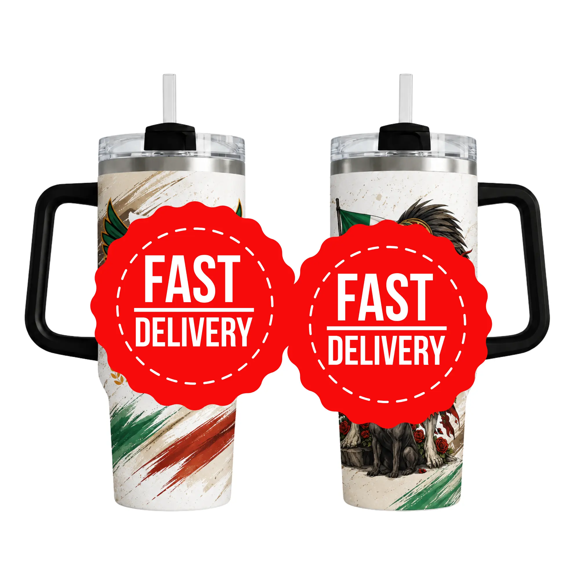The Mexico 40oz insulated mug with handle and straw lid – this travel mug incorporates Aztec bone art, is made of insulated stainless steel, and is a great gift for football fans, perfect for the biggest football festival of 2026.
