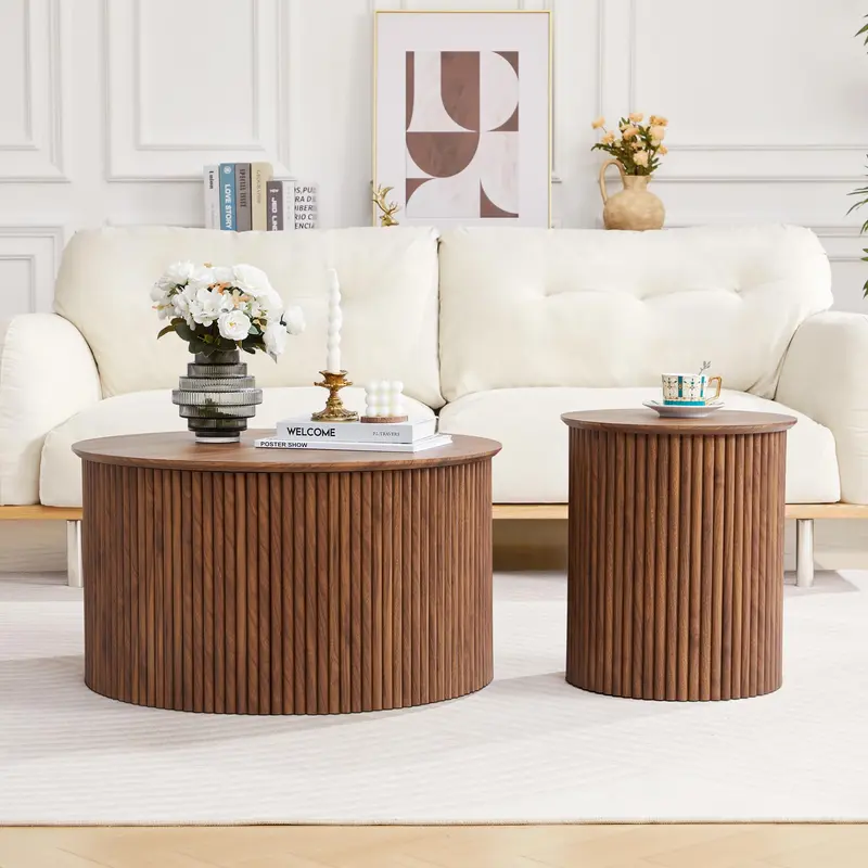 Giratree Fluted Round Nesting Coffee Table Set of 2, Mid Century Modern Wood Coffee Tables and End Table Set, Circle Side Table Minimalist Center Tables for Living Room, Office Giratree Fluted Round Nesting Coffee Table Set of 2, Mid Century Modern Wood Coffee Tables and End Table Set, Circle Side Table Minimalist Center Tables for Living Room, Office