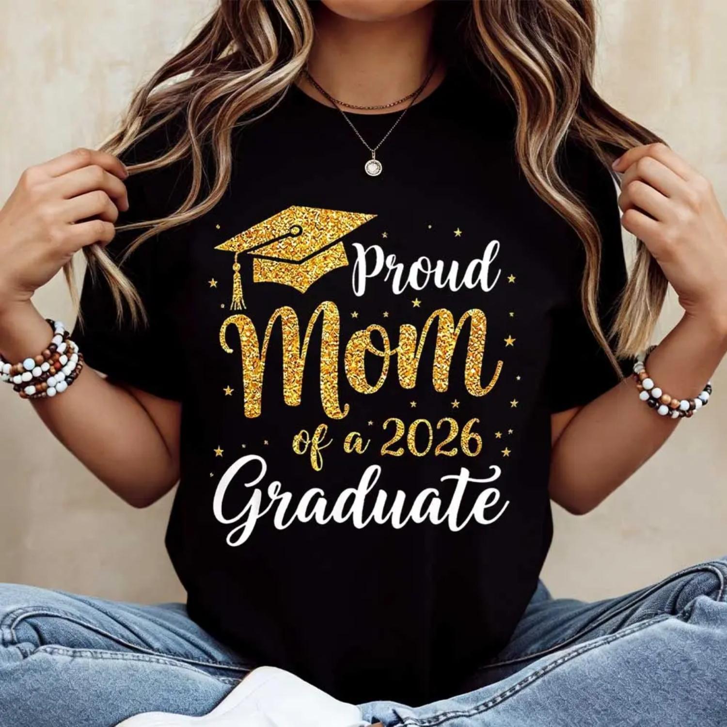 Celebration Mom Of 2026 Graduate Graduation Cap Print T Shirt Crewneck Casual Tee