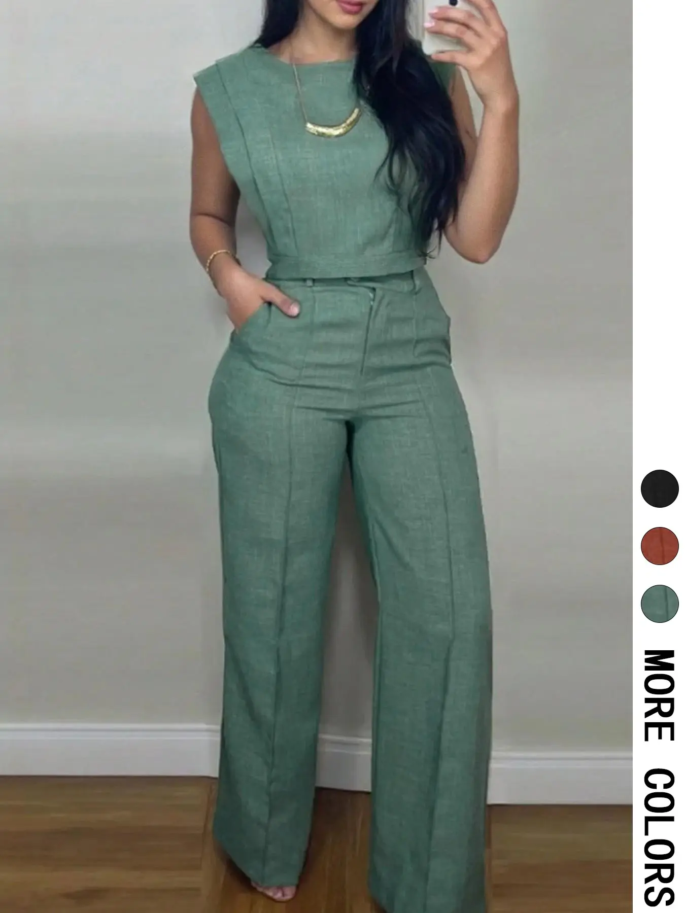 2-Piece Spring Summer Women’s Set, Suits, Cap-Sleeve Crop Top & High-Waist Wide-Leg Trouser Pants with Pockets, Old Money Quiet Luxury Style for Office and Casual Vacation Wear