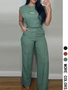 2 Piece Spring Summer  Set Women Suits | Cap Shoulder Crop Top + High Waist Wide Leg Pants with Pockets | Old Money Quiet Luxury Style for Office Business Casual Daily Vacation Wear