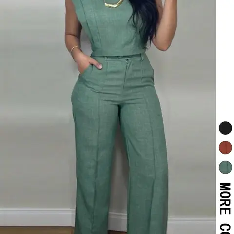 2-Piece Spring Summer Women's Set, Two Pieces Outfits, Suits, Cap-Sleeve Crop Top & High-Waist Wide-Leg Trouser Pants with Pockets, Old Money Quiet Luxury Minimalist Style for Office and Casual Vacation Wear Clothes