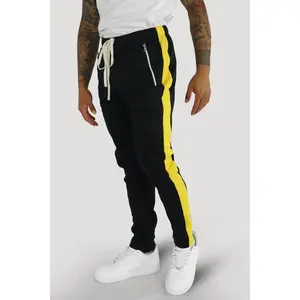 Premium Side Stripe Zip Pocket Track Pants (Black - Yellow)