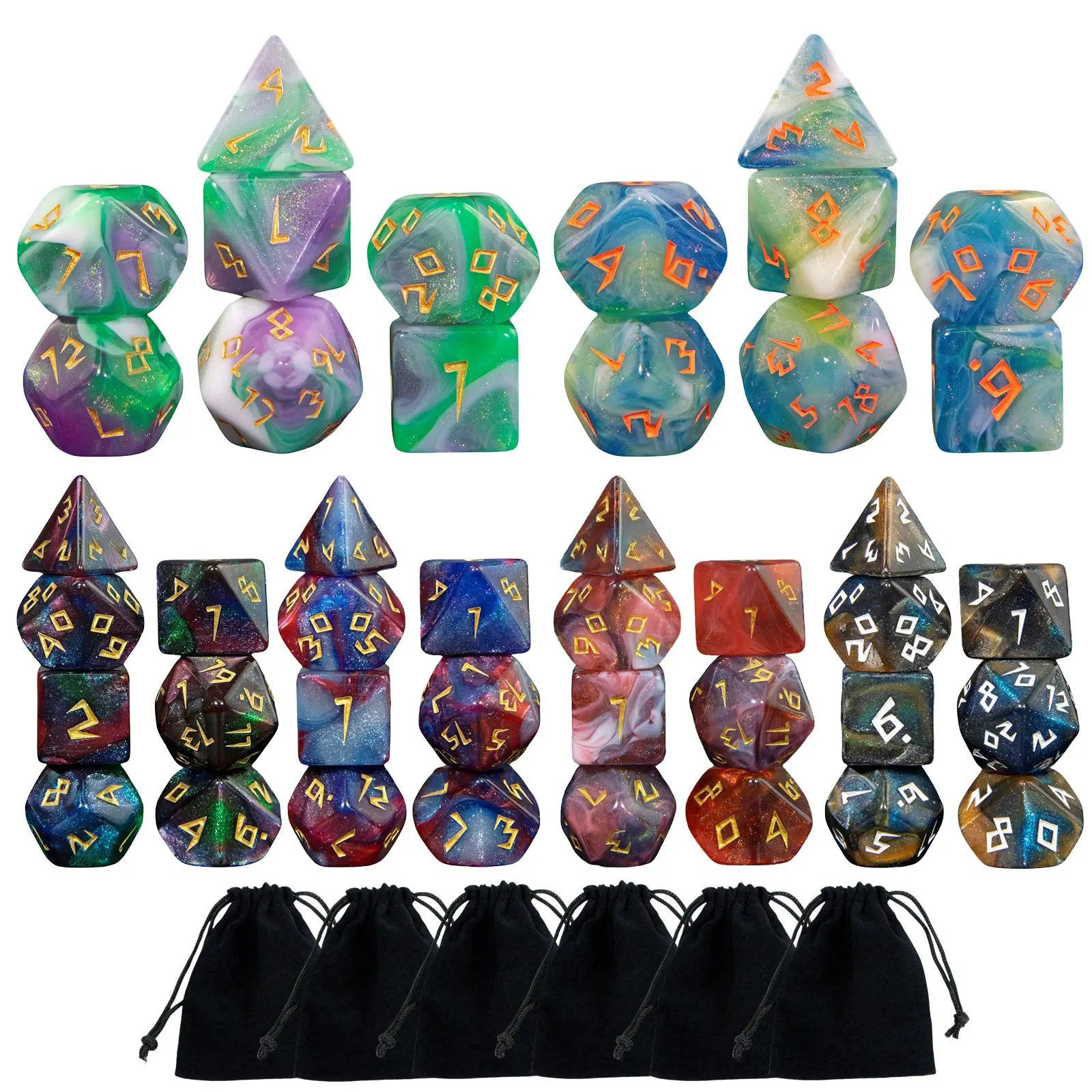Dice Set, 42pcs/set Glitter Dice with 6 Storage Bag, Polyhedral Dice Set, DND Role Playing Game Dice, Party Game Props, Fun Game Supplies for Party, Festival, Bulk Dice