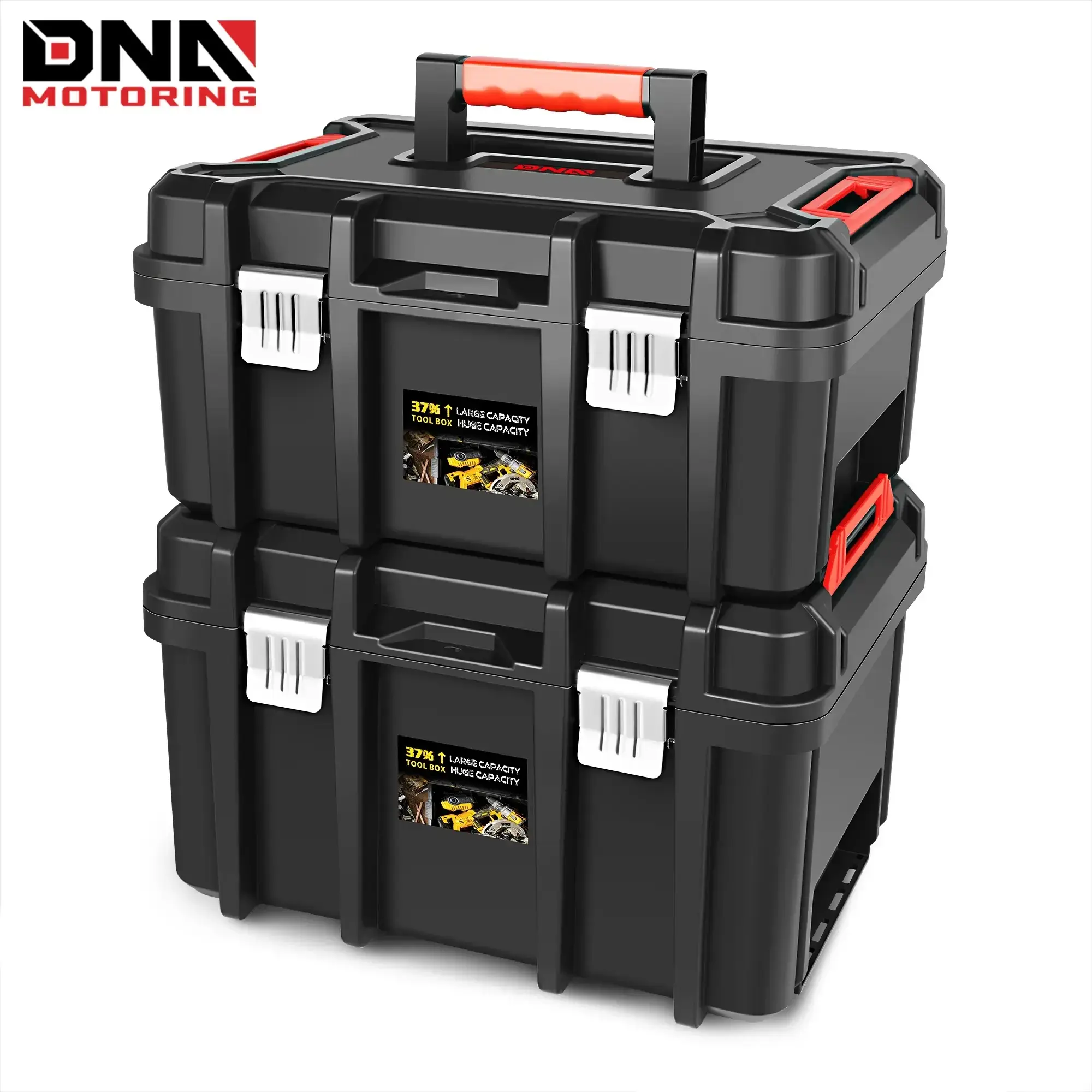 DNA MOTORING 2-Piece Lockable Portable Tool Box Set - Tool Storage Container with Removable Tray, Ample Bottom Capacity for Workbench, Car Trunk, DIY Work