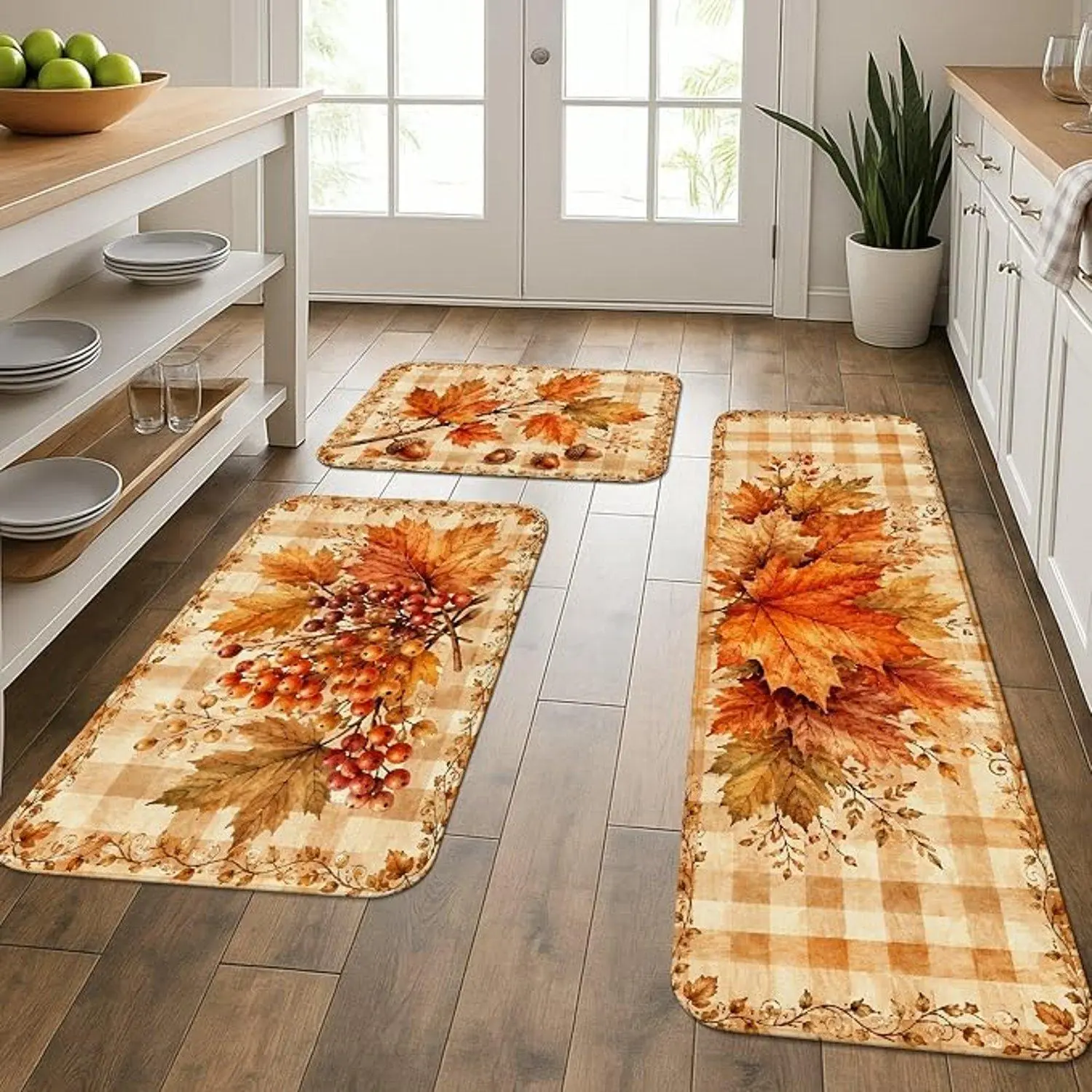 Autumn Maple Leaf Plaid Pattern Flannel Non Slip Indoor Kitchen Rug