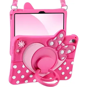 Case for iPad A16 11th Generation 11 Inch 2025/for iPad 10th Gen 2022 10.9 Inch - Cute Girly Cartoon Soft 3D Bow Heart Dot Silicone Cover with Strap & Rotating Stand for Girls Teens
