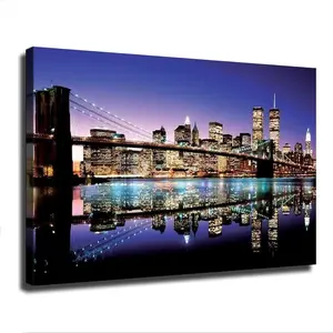 Brooklyn Bridge Twin Towers Night View Canvas Art Poster and Wall Art Picture Colorful Decor Room Gifts Ornaments Decoration Cityscape Print Diy Decorative