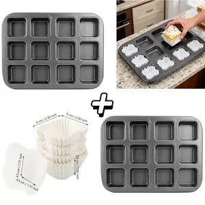 2 Packs Non-stick Brownie Pans with 100Pcs Disposable Baking Paper Cups Kit, 12-Cavity Heavy Duty Carbon Steel Mini Muffin Pan and Cake Paper Holder for Cake Cookie Oven