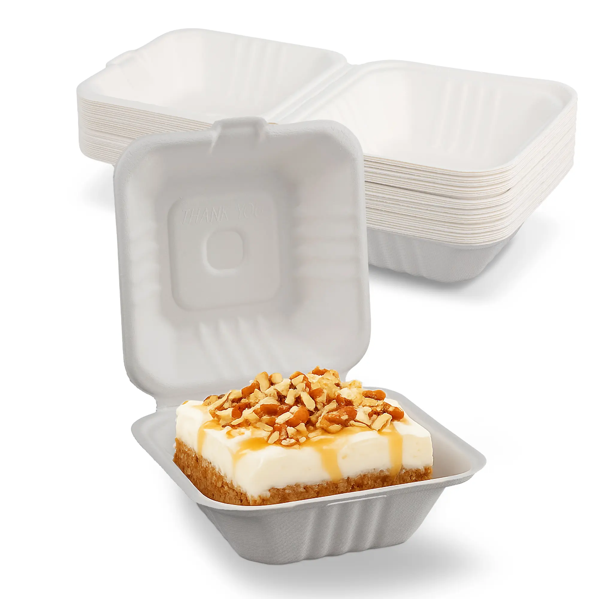 MT Products Disposable Molded Fiber Clamshell Cake Box - 6"x6"x3" Airtight Lid Lock-and-Tab Closure Container, Microwave Safe for Any Occasions