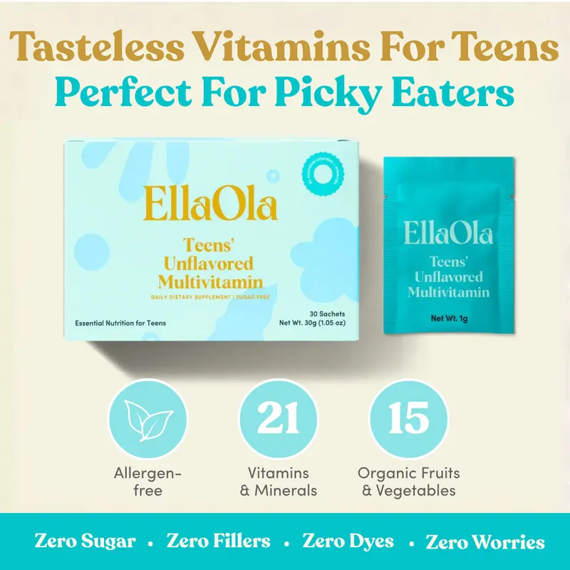 EllaOla Teens' Essential Tasteless Multivitamin (12+ Years Old) - 21 Vitamins & Minerals - 15 Organic Fruits & Veggies - Bone & Brain Support - Zero Sugar - Allergen-Free - Doctor-Developed - Ages 12+