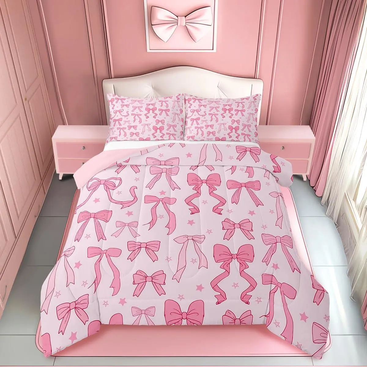 Bow Star Print Bedding Set Toddler Cute Bowknot Comforter Set for Kids Boys Girls Decor Girls Bow Comforter Microfiber Pink Bow Duvet Set Bedroom Quilt Set