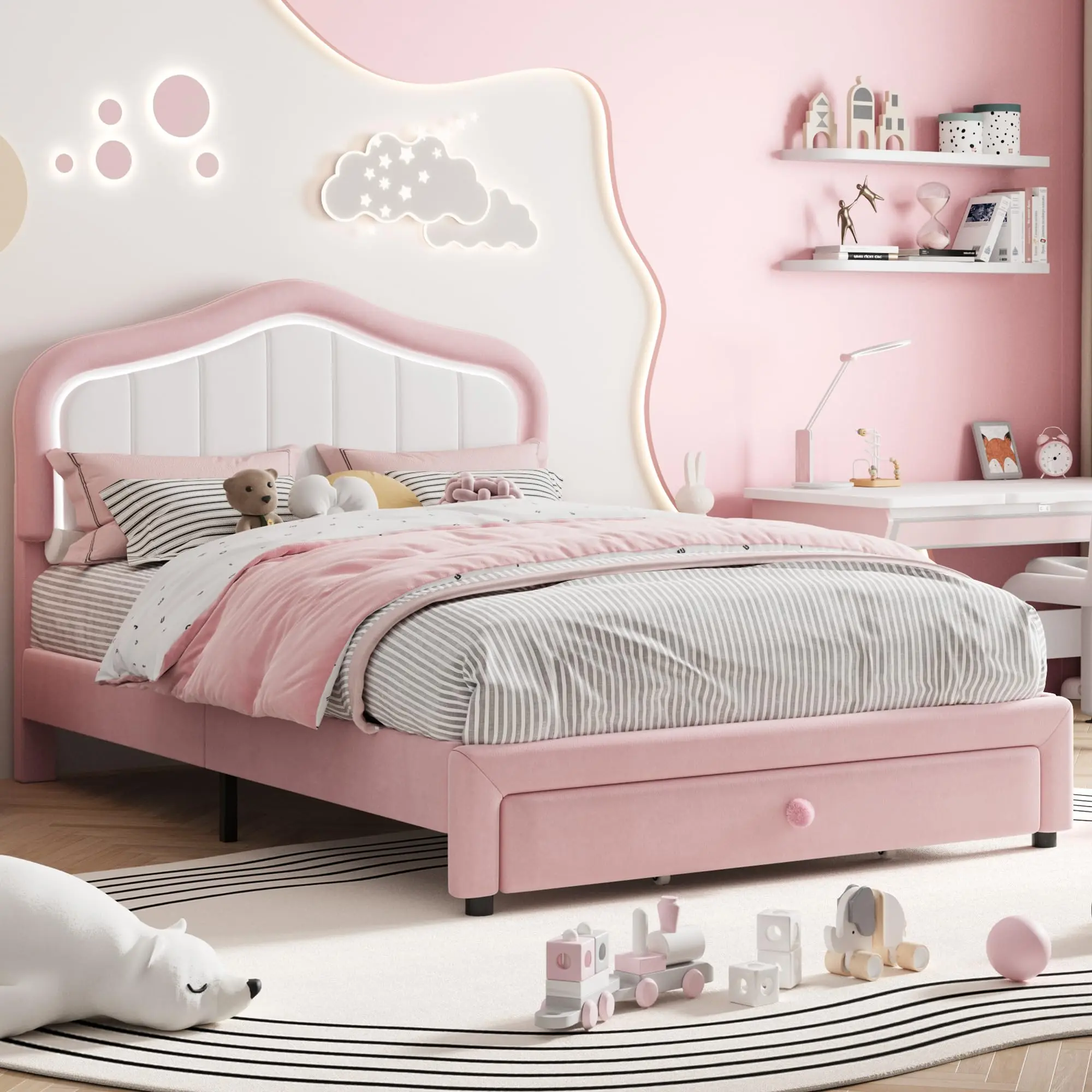 Upholstered LED Bed Frame with Storage Drawer, Velvet/Princess Platform Bed Frame for Kids/Girls