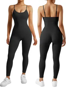 Women's Solid Color Ribbed Tight-Fitting Sports Jumpsuit, Sporty Comfy Jumpsuit, Casual Comfortable Breathable Onesie, Perfect for Yoga Gym Exercise, Summer Sportswear