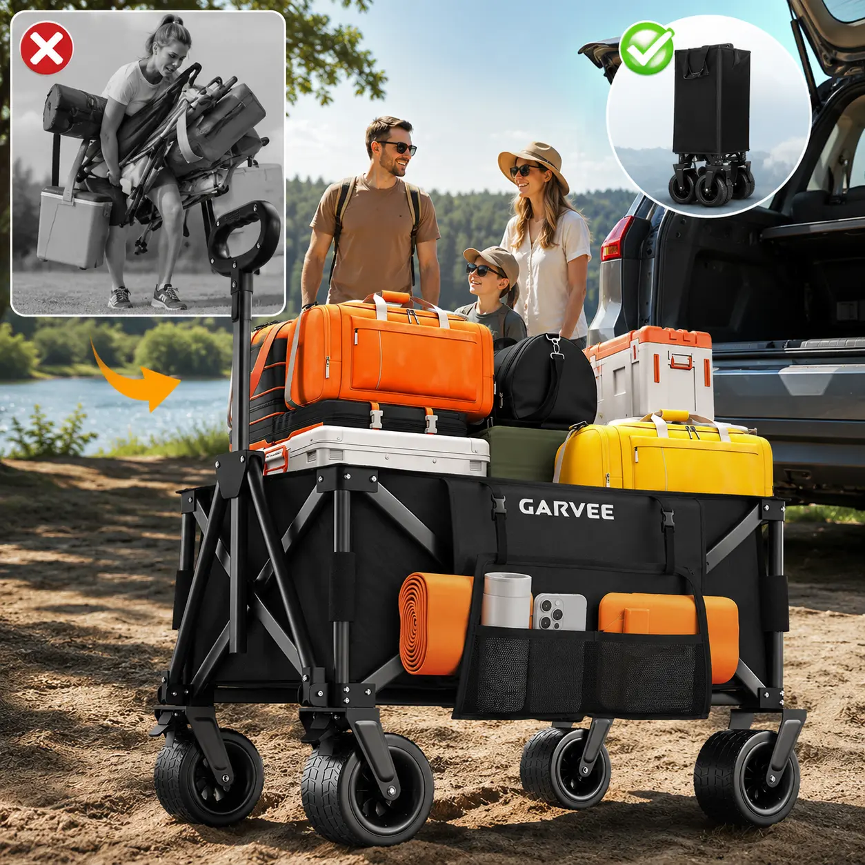 Garvee Collapsible Utility Wagon with Brakes, 500 LBS Heavy Duty Folding Garden Cart, All-Terrain Outdoor Hauling Wagon for Yard
