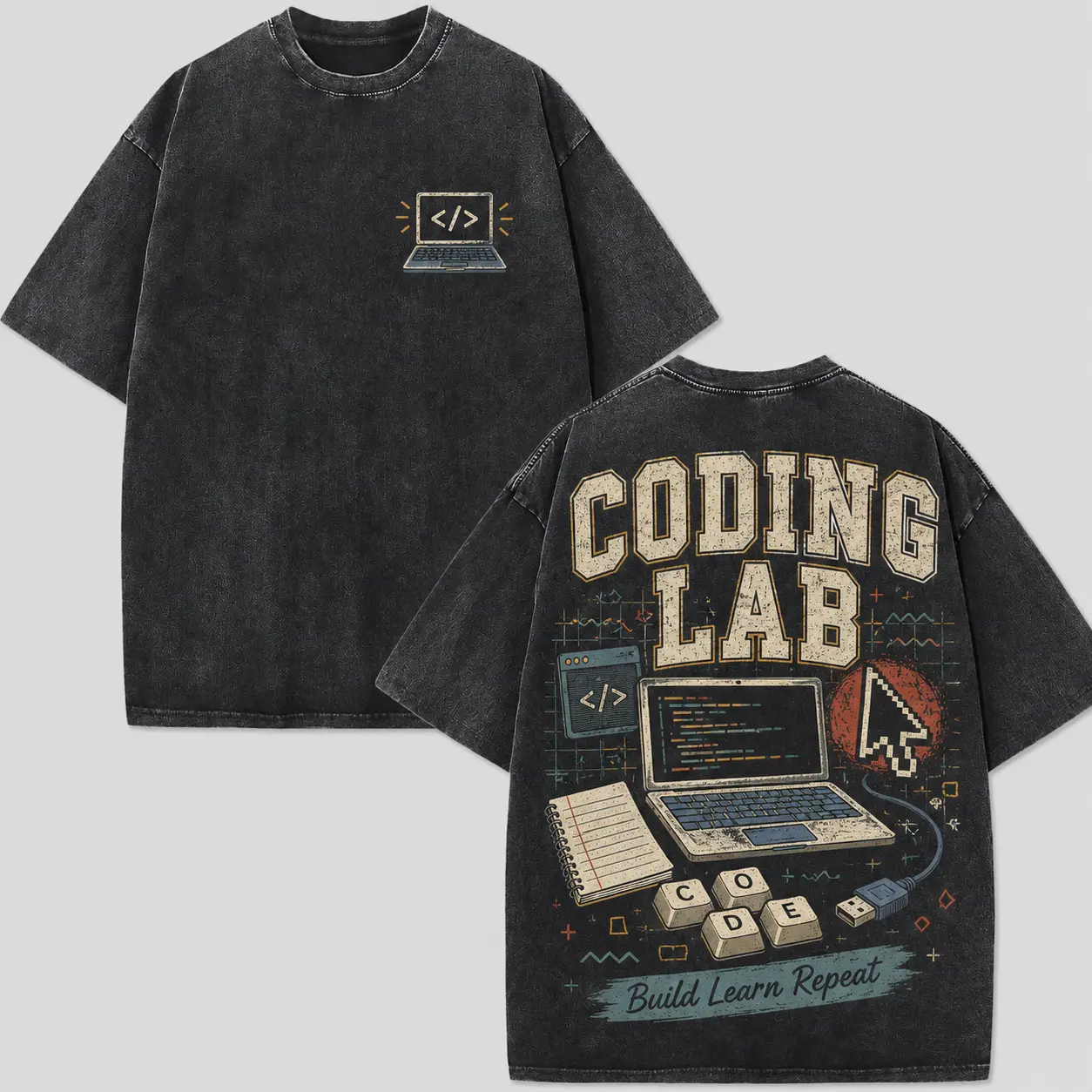 Coding Lab Build Learn Repeat Programmer Washed T-Shirt, Vintage Laptop Code Symbol Cursor Notebook Retro Distressed Oversized Tee, Computer Tech Major Nerd Student Cotton Top summer outfits