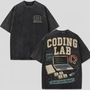 Coding Lab Build Learn Repeat Programmer Washed T-Shirt, Vintage Laptop Code Symbol Cursor Notebook Retro Distressed Oversized Tee, Computer Tech Major Nerd Student Cotton Top summer outfits