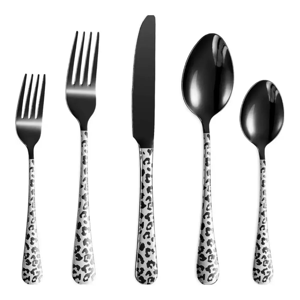 Leopard Print Stainless Steel Tableware Set, 5-20 Pieces, Mirror Polished Cutlery (Spoons, Forks, Knives), Dishwasher Safe Utensils for Dining