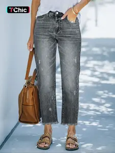 Women's Fashionable Raw Hem Straight Leg Jeans, Casual Loose-Fitting Denim Jeans, All Seasons Plain Design, 1 Piece