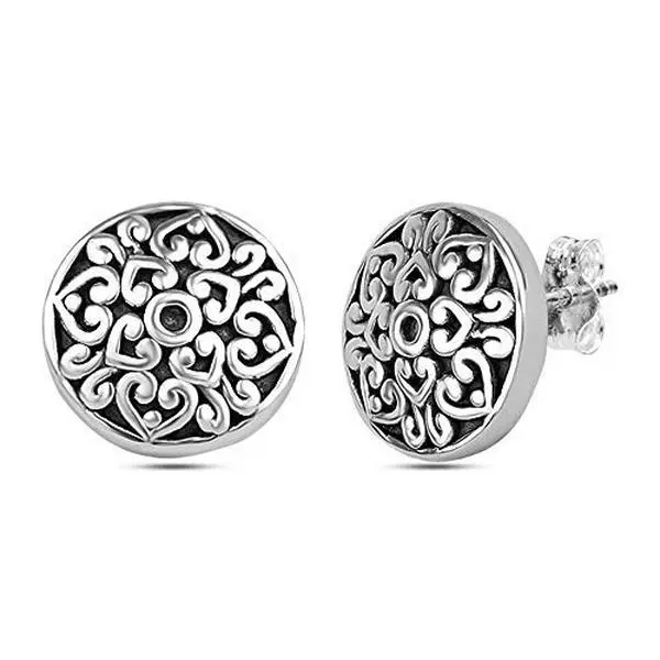 LeCalla Women's Sterling Silver Filigree Stud Earrings - 14mm Round Cut, Lightweight Antique, Casual & Anniversary Valentine's Day Gifts, Chunky