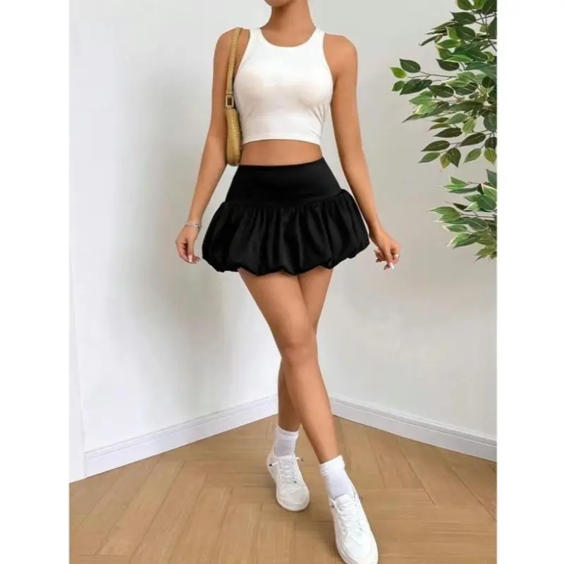 Women's Plain Black Bubble Mini Skirt - Fashion Comfort Elastic Waist Mini Skirts for Daily Outdoor Wear, Minimalist Womenswear, Summer Skirt