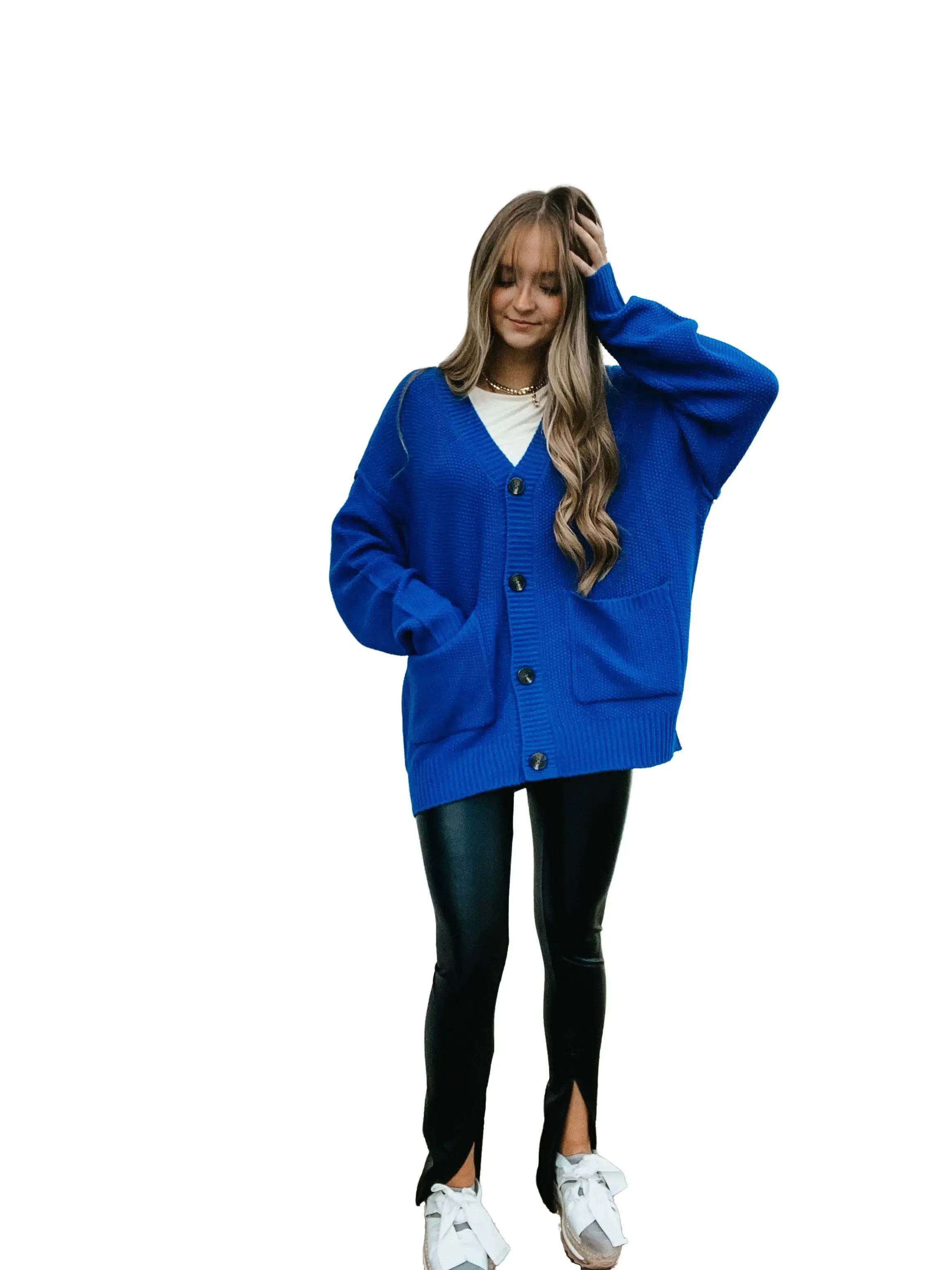 Big Hug Sweater Cardigan COBALT Long Sleeve Soft Knit Fabrication 100% Acrylic Functional Button Front Oversized Fit Cozy Comfortable Layering Year Round